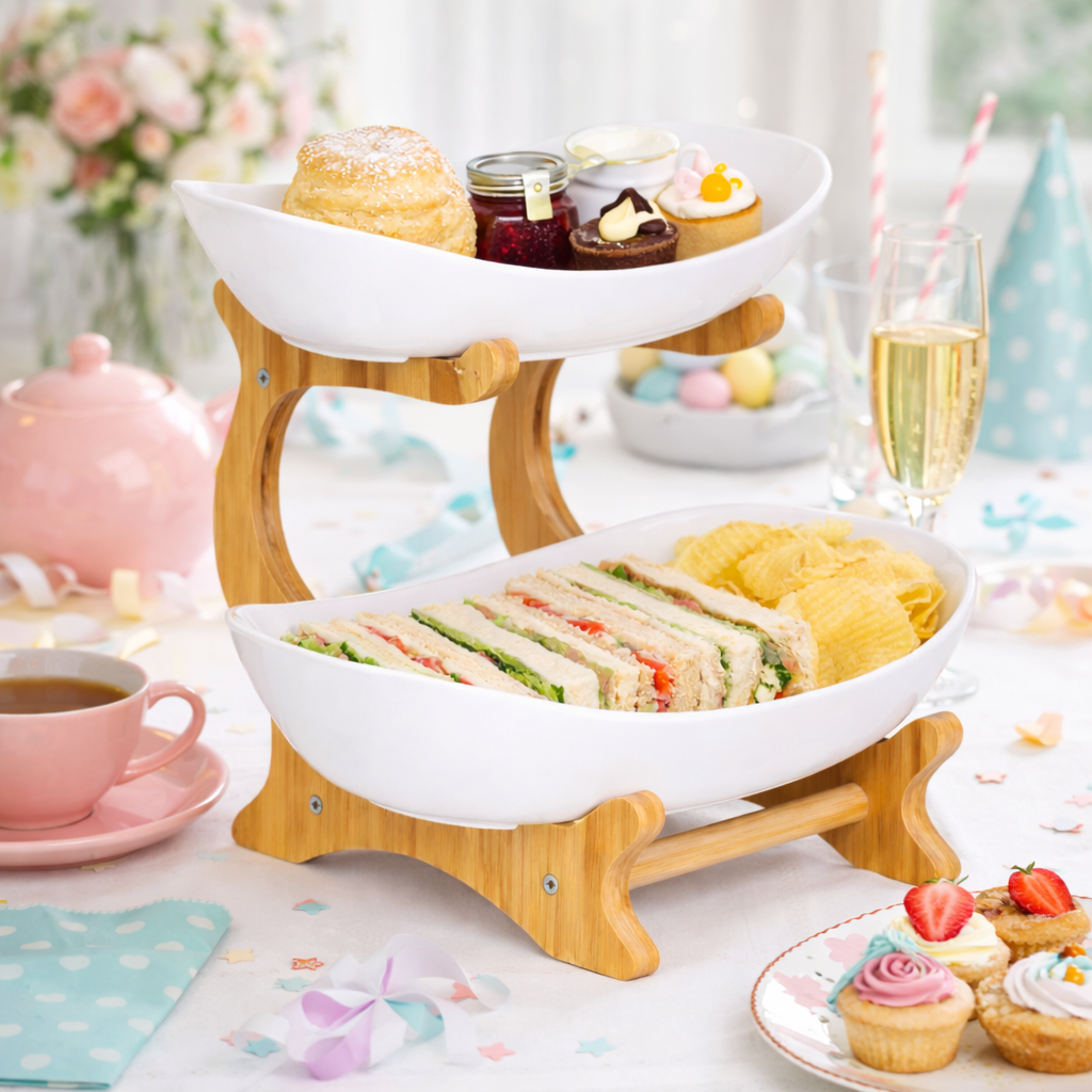 Bamboo 2-Tier Serving Platter Set - White