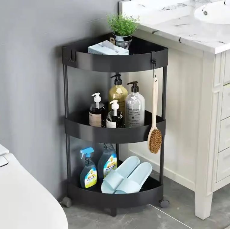 3-Tier Corner Bathroom Storage Trolley on Wheels - Black