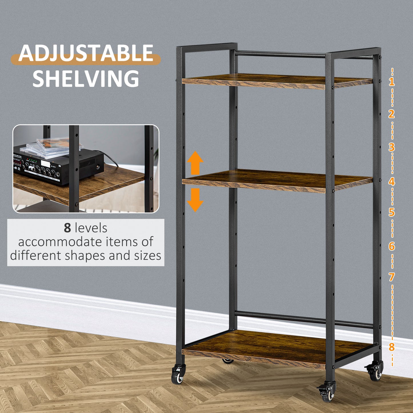 3-Tier Printer Stand, Utility Cart, Rolling Trolley with Adjustable Shelves