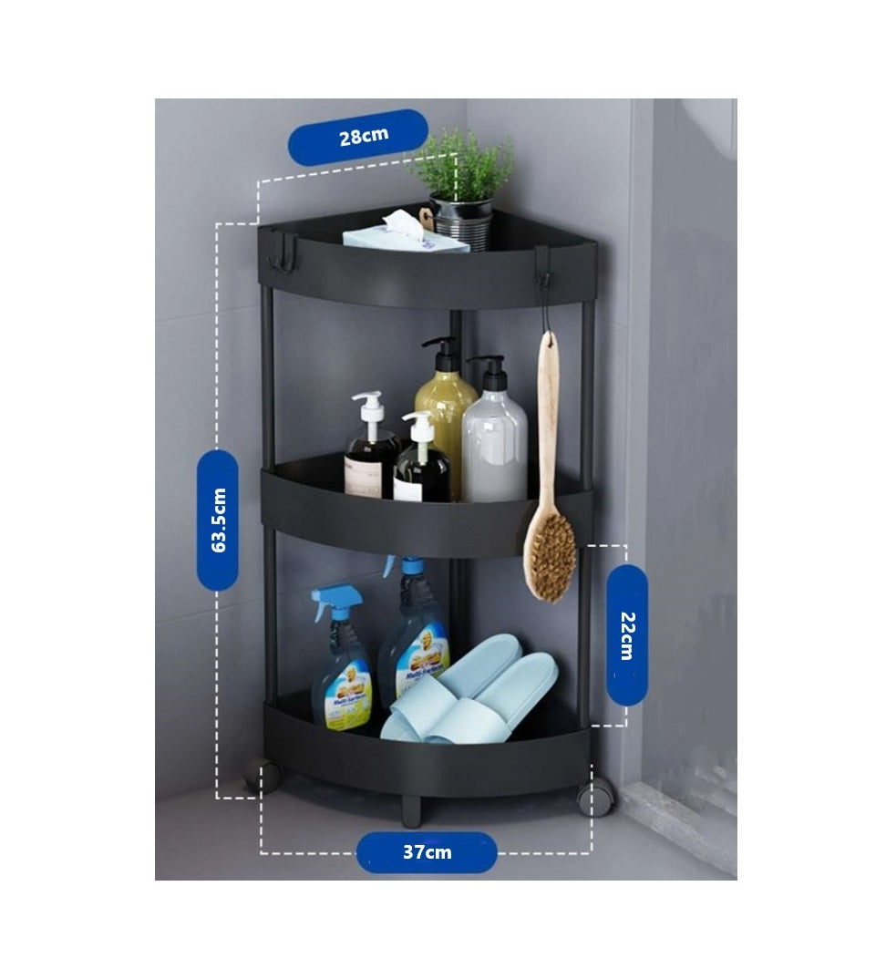 3-Tier Corner Bathroom Storage Trolley on Wheels - Black