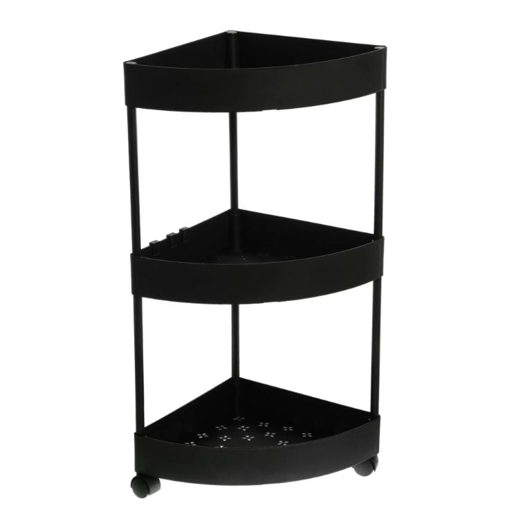 3-Tier Corner Bathroom Storage Trolley on Wheels - Black