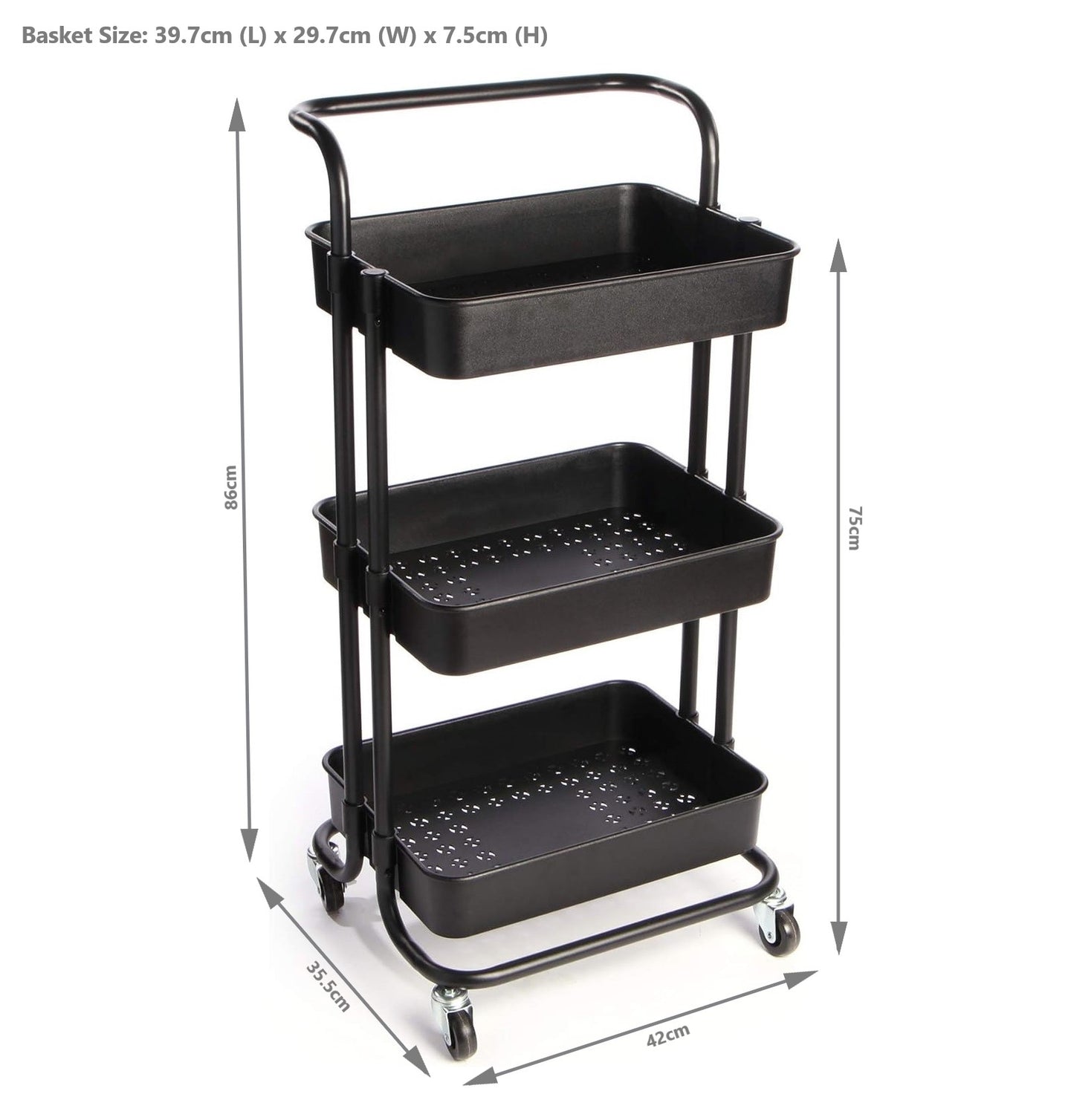 3-Tier Plastic Storage Trolley - Black