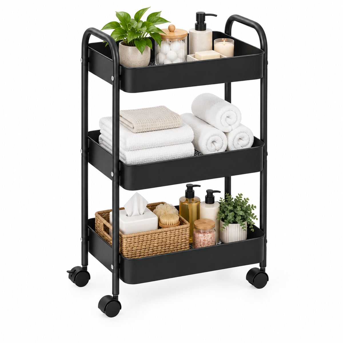 3-Tier Slim Metal Storage Trolley on Wheels - Black