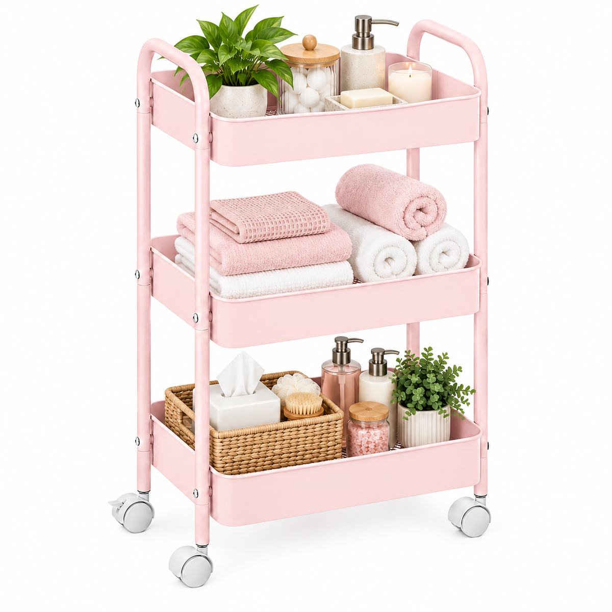 3-Tier Slim Metal Storage Trolley on Wheels - Blush Pink