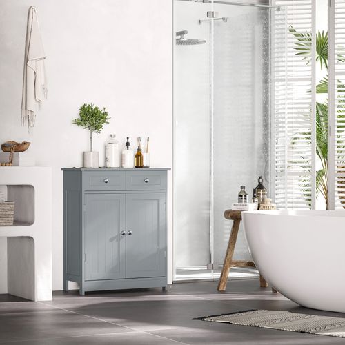 Bathroom Floor Storage Cabinet with 2 Drawers & Door Cupboard in Grey