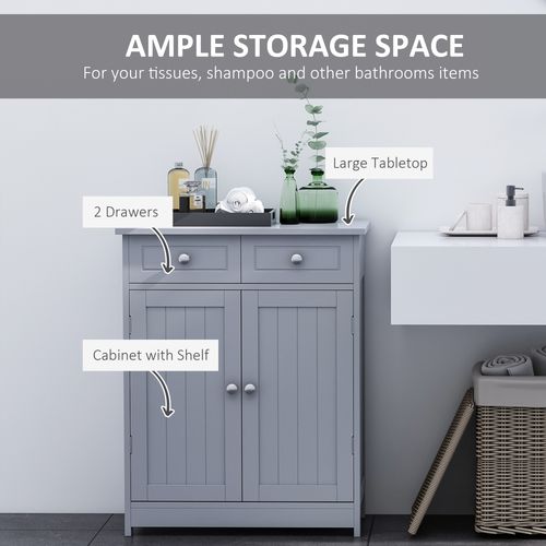 Bathroom Floor Storage Cabinet with 2 Drawers & Door Cupboard in Grey