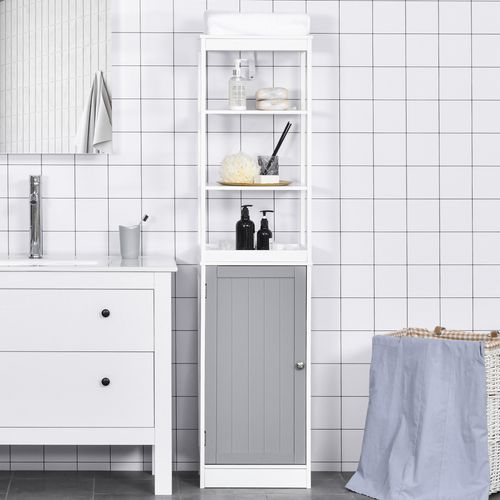 Bathroom Tall Storage Cabinet Organizer Tower with Door and Shelves in White
