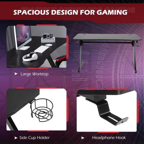 Gaming Desk Steel Frame with Cup, Headphone Holder & Adjustable Feet in Black