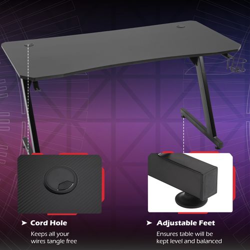 Gaming Desk Steel Frame with Cup, Headphone Holder & Adjustable Feet in Black