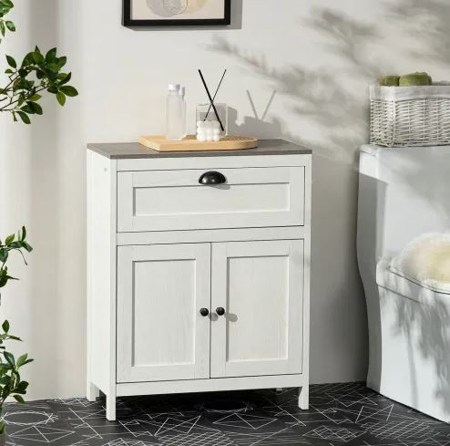 Bathroom Floor Standing Cabinet Storage Organizer with Drawer Double Door in White