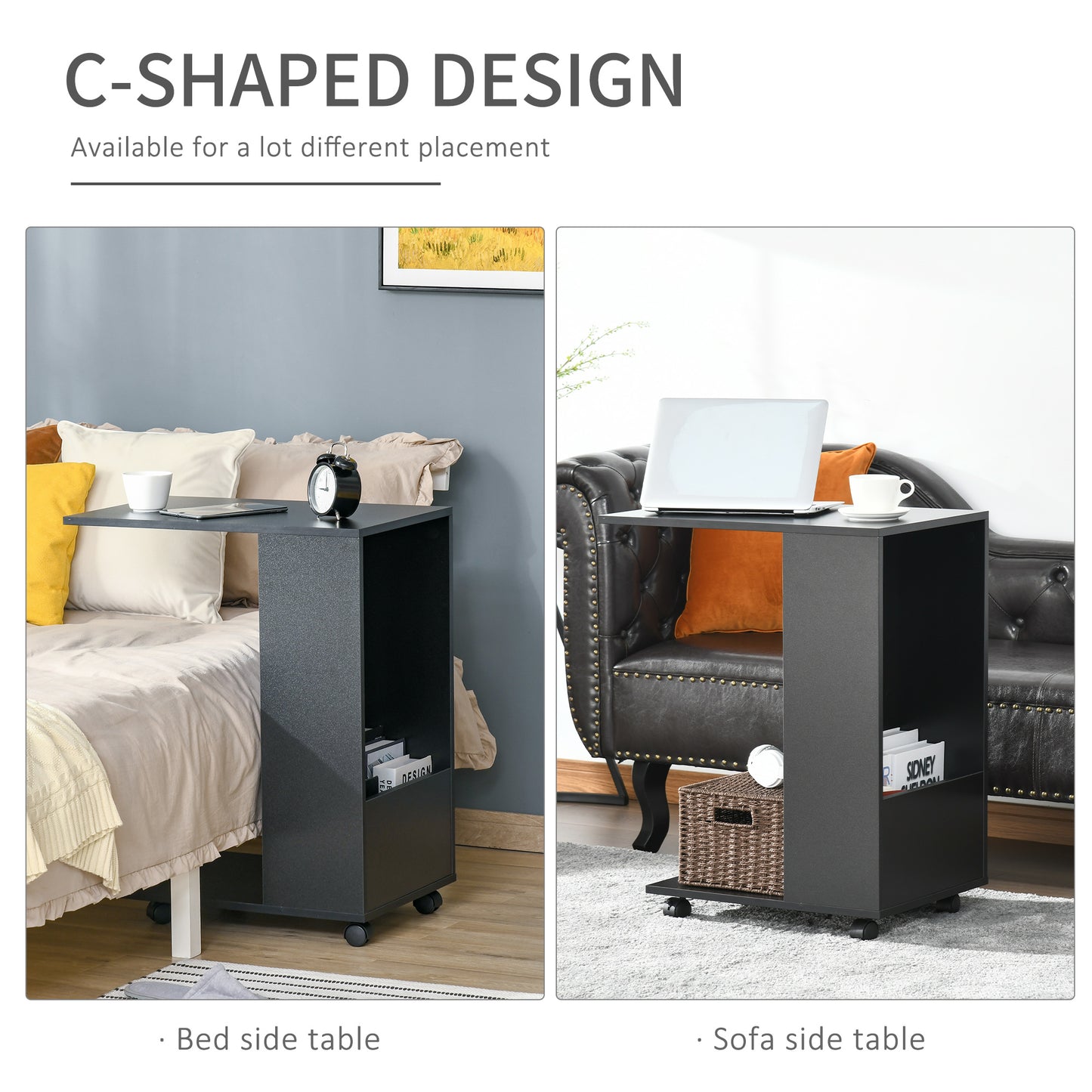 Mobile Sofa Side Table for Laptop Coffee with Storage and Casters in Black
