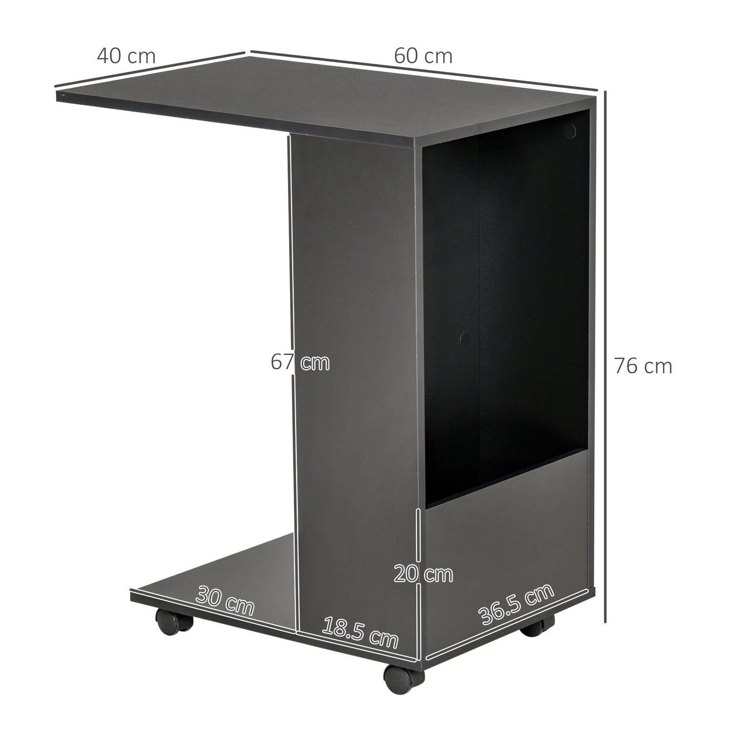 Mobile Sofa Side Table for Laptop Coffee with Storage and Casters in Black