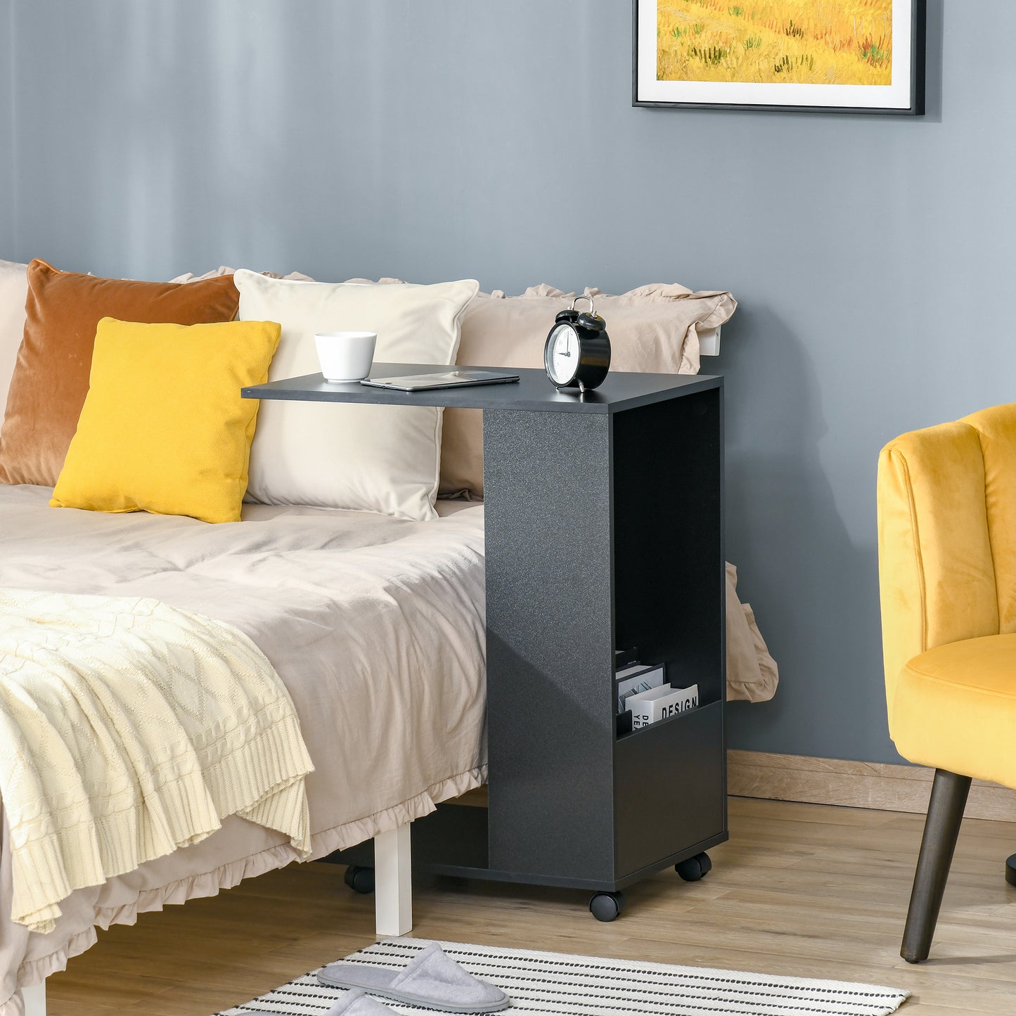 Mobile Sofa Side Table for Laptop Coffee with Storage and Casters in Black