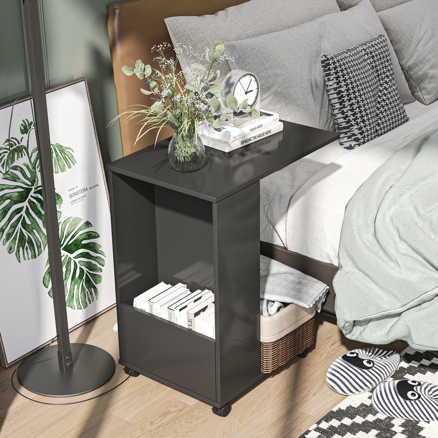 Mobile Sofa Side Table for Laptop Coffee with Storage and Casters in Black