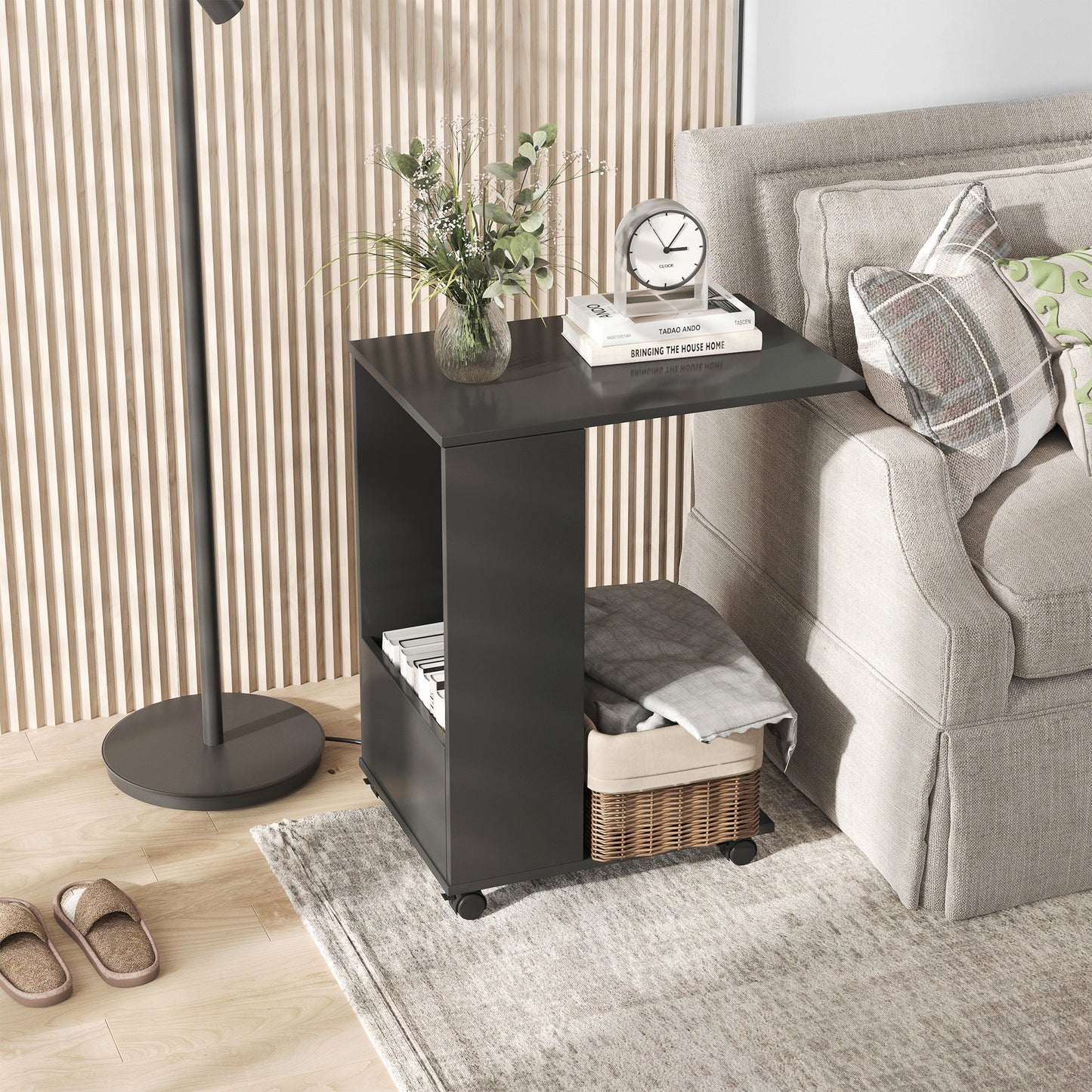 Mobile Sofa Side Table for Laptop Coffee with Storage and Casters in Black