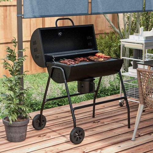 Barrel Charcoal Barbecue BBQ Grill Trolley with Ash Catcher Thermometer