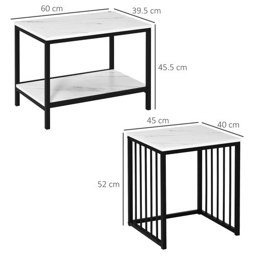 Modern Coffee Table Steel Frame Marble-Effect White & Black - Set of Two