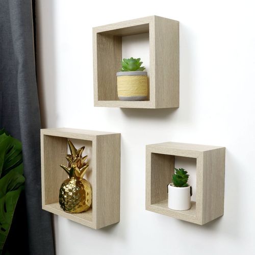 Cube Oak Floating Wall Shelf - Set of 3