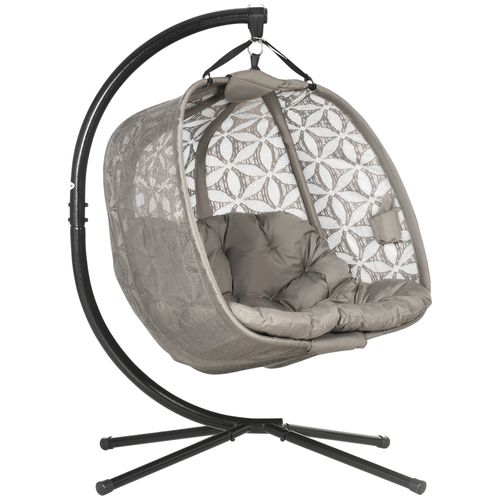 Double Hanging Swing Chair with Stand & Cup Holders in Brown