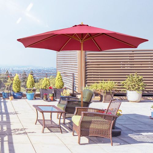 3m Wooden Garden Parasol, Sun Shade in Wine Red