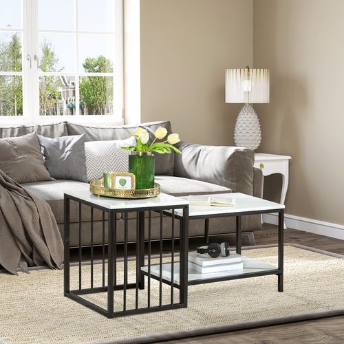 Modern Coffee Table Steel Frame Marble-Effect White & Black - Set of Two
