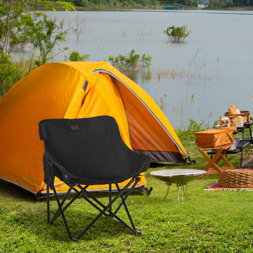 Folding Camping Chair with Carrying Bag and Storage Pocket in Black