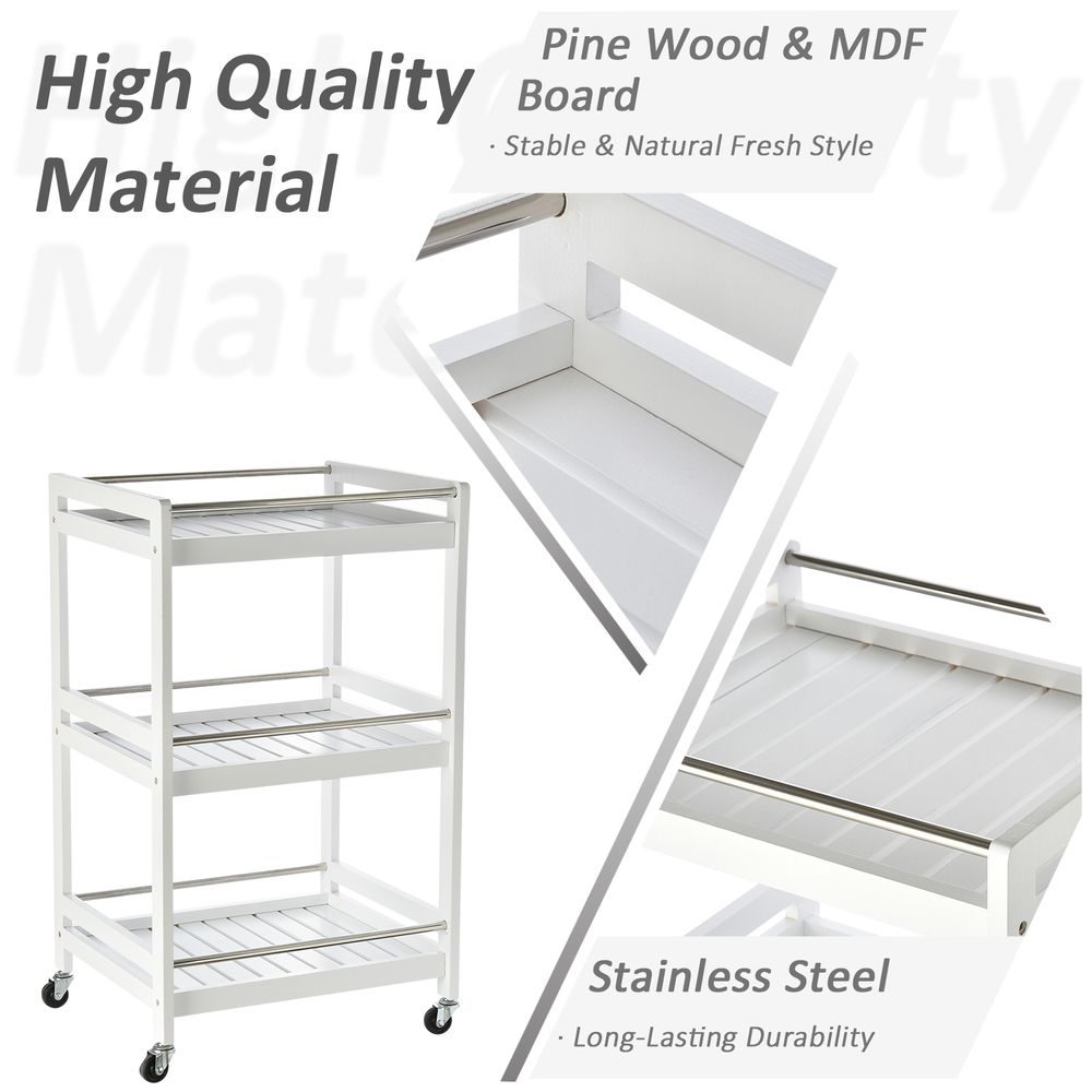 Pine Wood 3Tier Kitchen Trolley White