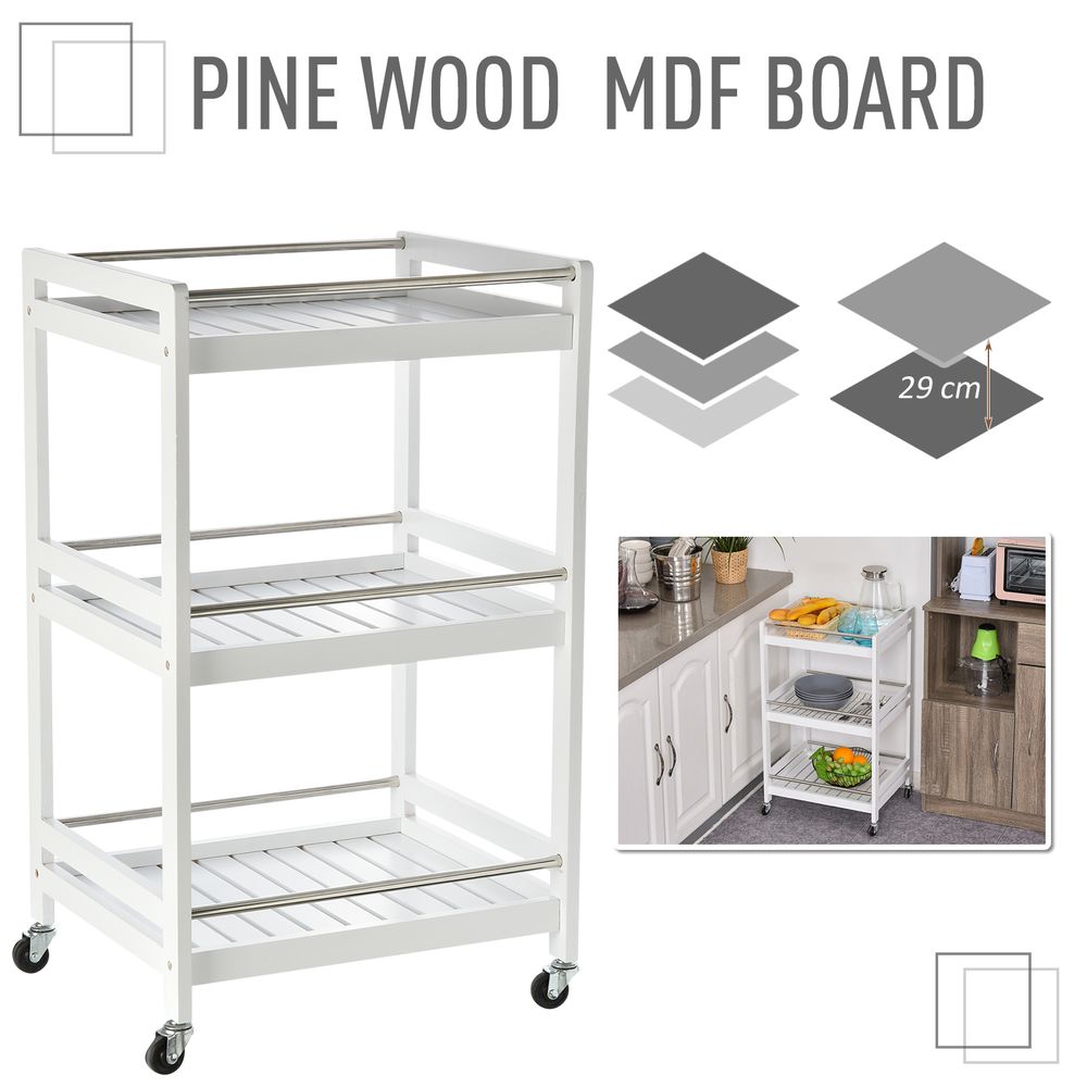 Pine Wood 3Tier Kitchen Trolley White