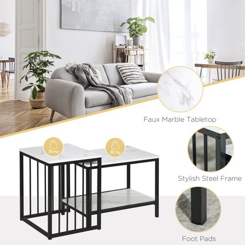 Modern Coffee Table Steel Frame Marble-Effect White & Black - Set of Two
