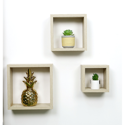 Cube Oak Floating Wall Shelf - Set of 3