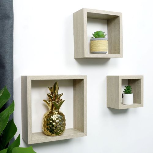 Cube Oak Floating Wall Shelf - Set of 3