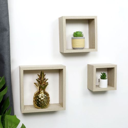 Cube Oak Floating Wall Shelf - Set of 3