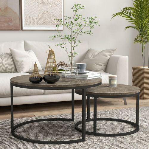 Stacking Coffee Table Set Steel Frame Marble - Effect Top - 2 Pcs