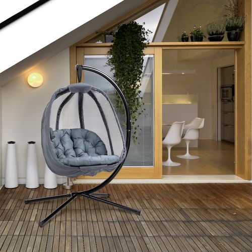 Folding Hanging Egg Chair with Cushion and Stand Grey