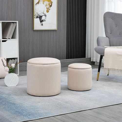 Cream / White Fabric Storage Ottomans with Removable Lids - Set of 2