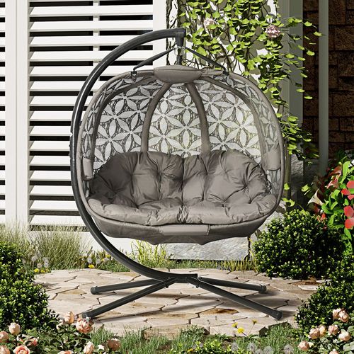 Double Hanging Swing Chair with Stand & Cup Holders in Brown
