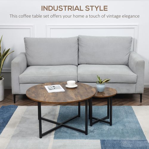 Round Coffee Table with Metal Frame Side Accent Brown - 2 Pcs