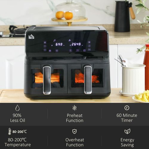 8L Dual Air Fryer Family Size with 2 Basket 8 Presets Cookbook Timer 2500W