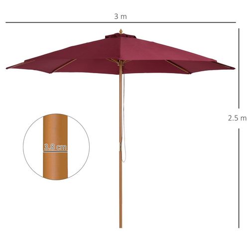 3m Wooden Garden Parasol, Sun Shade in Wine Red
