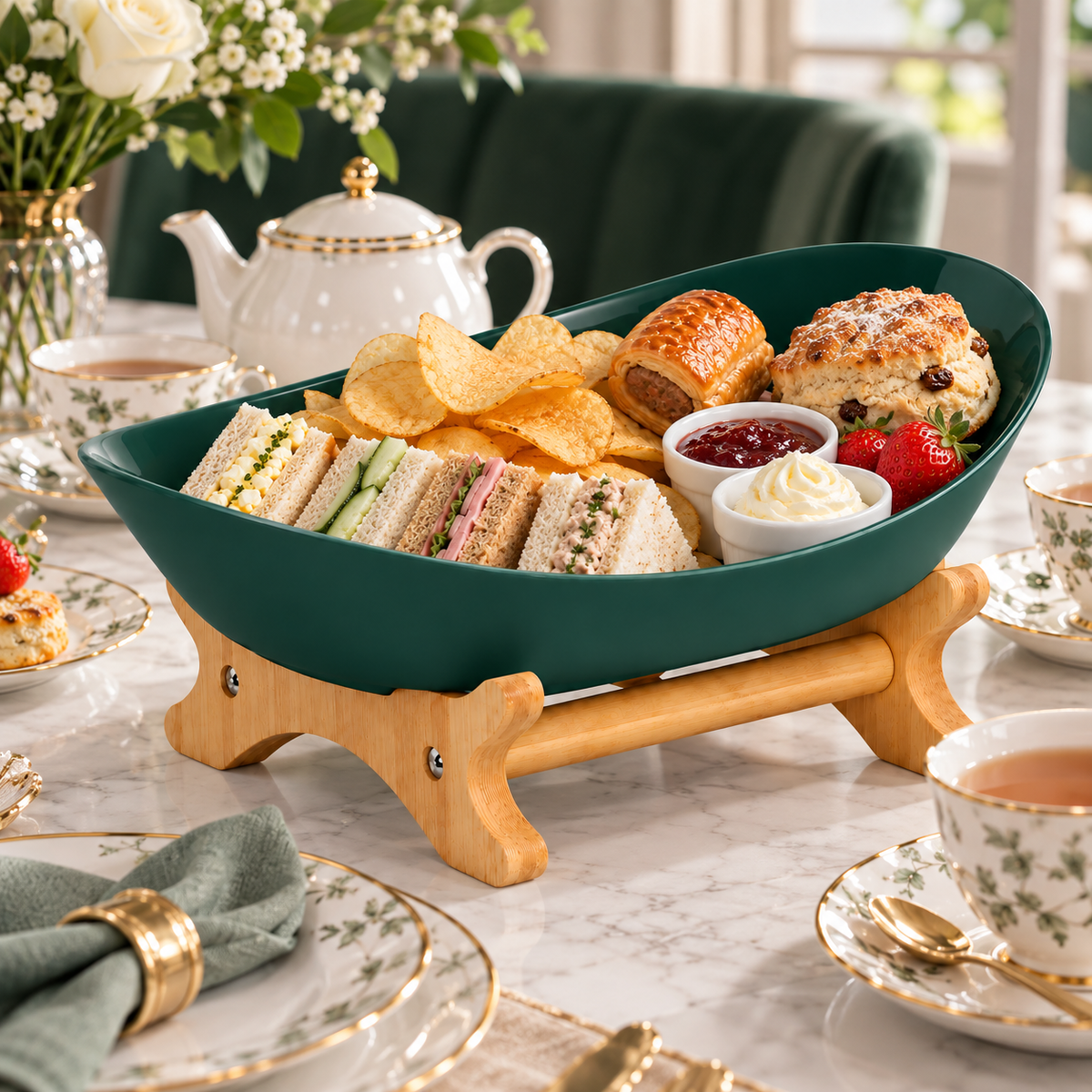 Bamboo 1-Tier Serving Platter Set - Dark Green