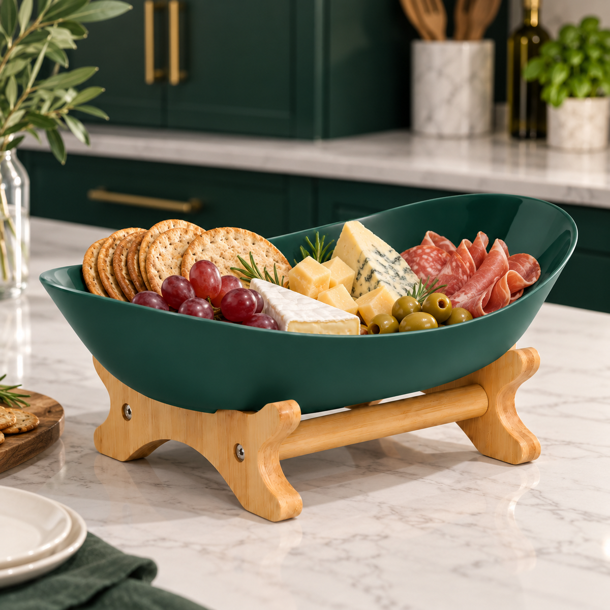 Bamboo 1-Tier Serving Platter Set - Dark Green