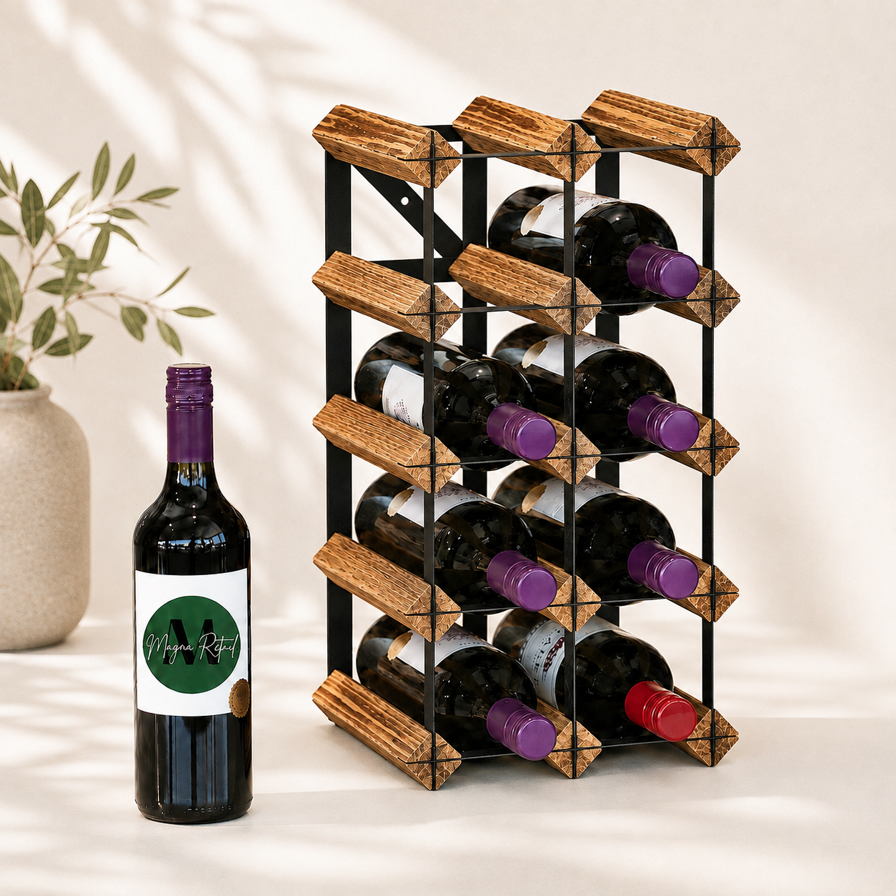 12 Bottle Wood & Metal Wine Rack (Light Wood & Black)