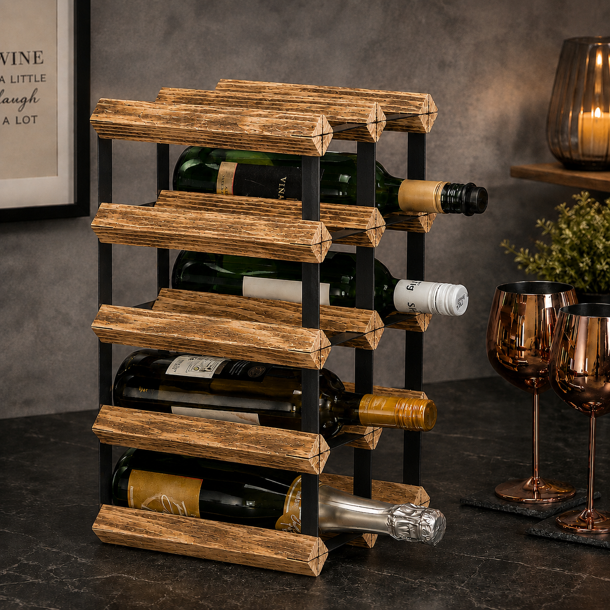 12 Bottle Wood & Metal Wine Rack (Light Wood & Black)