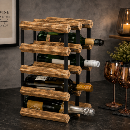 12 Bottle Wood & Metal Wine Rack (Light Wood & Black)