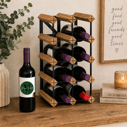 12 Bottle Wood & Metal Wine Rack (Light Wood & Black)