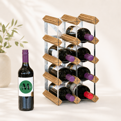 12 Bottle Wood & Metal Wine Rack (Light Wood & Silver)