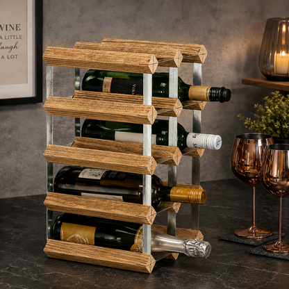 12 Bottle Wood & Metal Wine Rack (Light Wood & Silver)