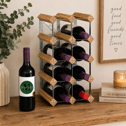12 Bottle Wood & Metal Wine Rack (Light Wood & Silver)