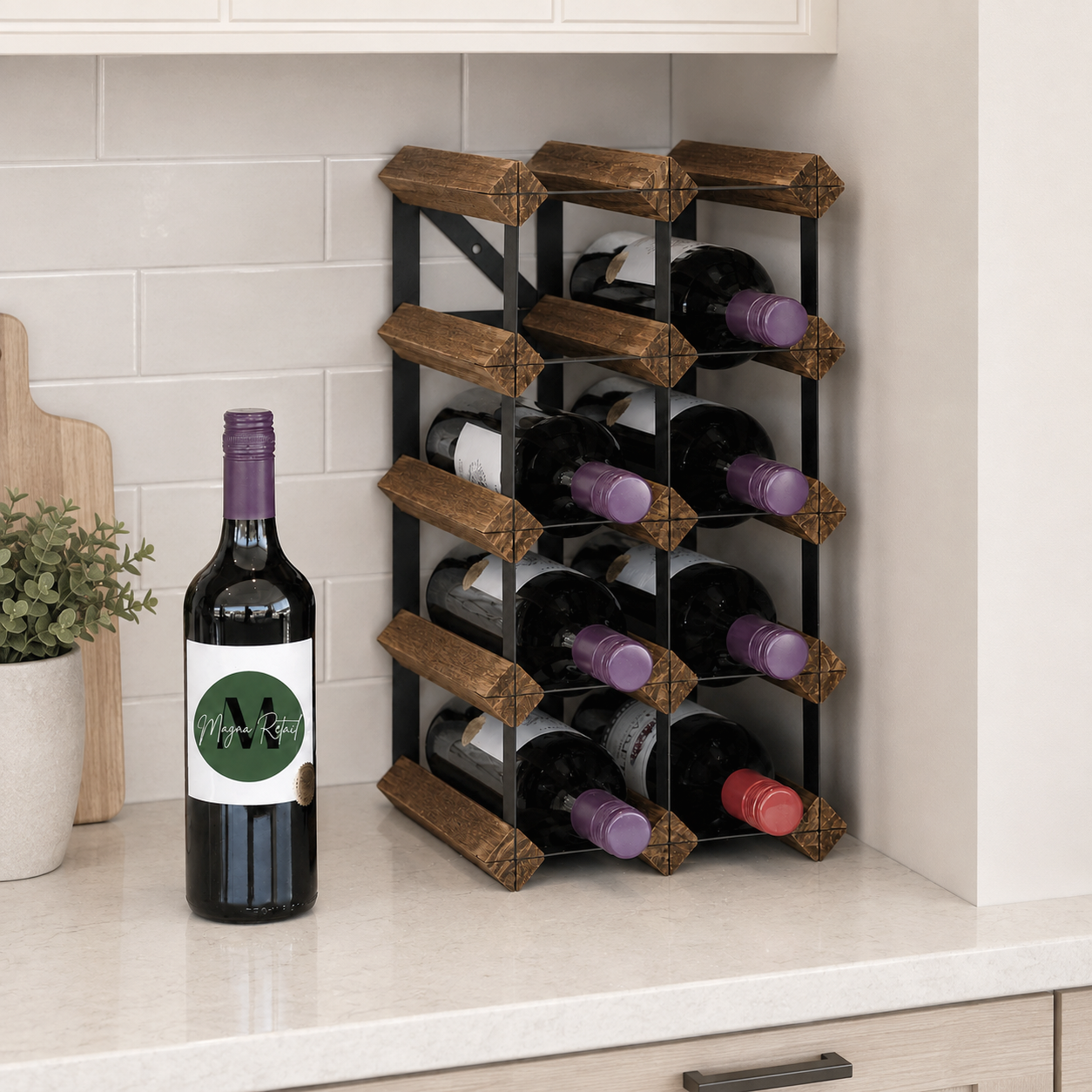 12 Bottle Wood & Metal Wine Rack (Dark Wood & Black)