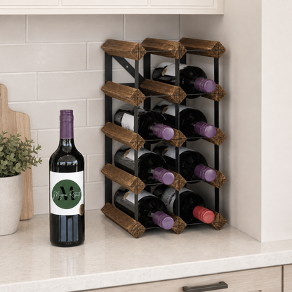 12 Bottle Wood & Metal Wine Rack (Dark Wood & Black)